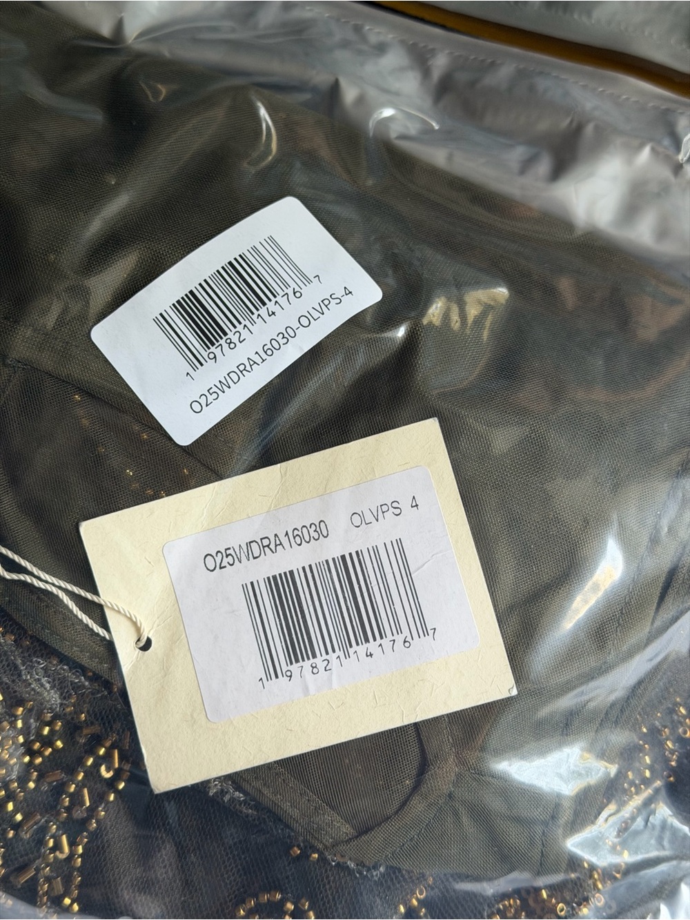 Few Moda sorella NWT Ora Olive Green Embellished Beaded Sheer Mesh Dress - Picture 4 of 6